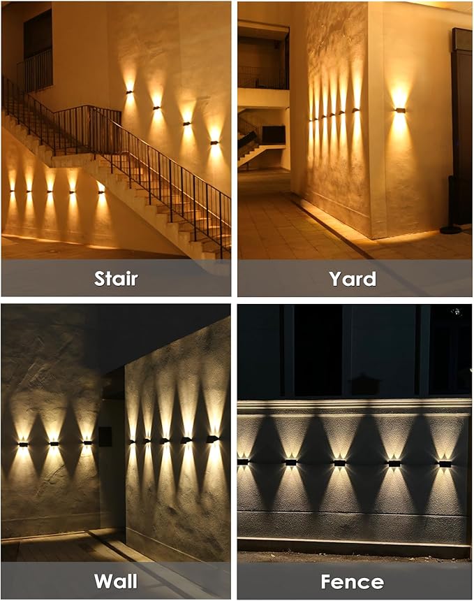 Solar Fence Lights with 4 Bulbs, 6 Pack WarmWhite Fence Lights Solar Powered, IP54 Waterproof Solar Wall Lights for Up&Down, Dusk to Dawn 12 Hours Auto Illuminate for Deck/Wall/Step/Patio/Yard/House