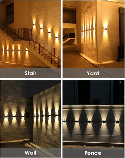 Solar Fence Lights with 4 Bulbs, 6 Pack WarmWhite Fence Lights Solar Powered, IP54 Waterproof Solar Wall Lights for Up&Down, Dusk to Dawn 12 Hours Auto Illuminate for Deck/Wall/Step/Patio/Yard/House