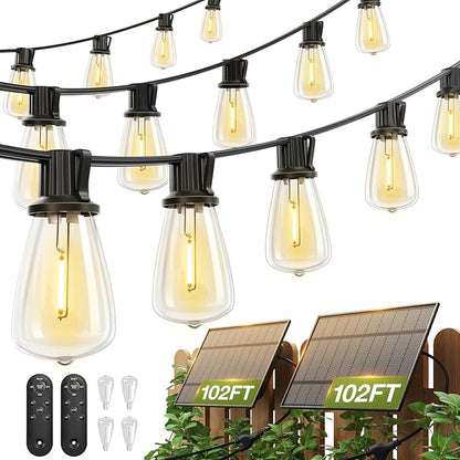 addlon 204FT(2 Pack*102FT) Solar String Lights Waterproof, Patio Lights Solar Powered with Remote & USB Port, 3 Lighting Modes 60+4 LED Shatterproof Bulbs Outdoor Light for Camping Backyard Garden