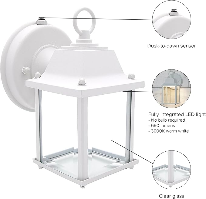 Maxxima LED Porch Lantern Outdoor Wall Light - White with Clear Glass, 3000K Warm White, 650 Lumens, Dusk to Dawn Photocell Light Sensor, Patio or Porch Sconce Fixture, Exterior Lighting - White