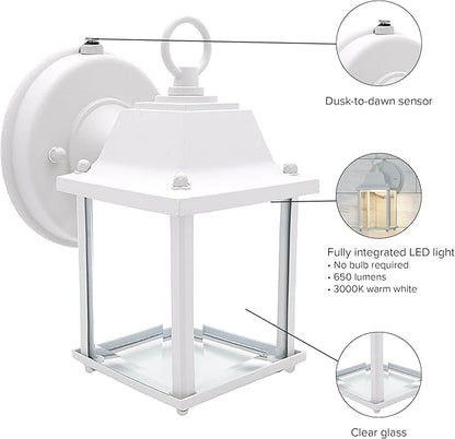 Maxxima LED Porch Lantern Outdoor Wall Light - White with Clear Glass, 3000K Warm White, 650 Lumens, Dusk to Dawn Photocell Light Sensor, Patio or Porch Sconce Fixture, Exterior Lighting - White