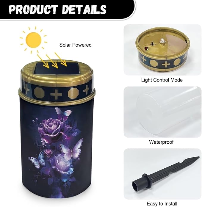 Butterfly Rose Solar Lights for Cemetery Grave Solar Lights for Cemetery Memorial Stake Solar Lights Waterproof Outdoor Garden Stake Solar Cemetery Cross for Grave Yard Decorations
