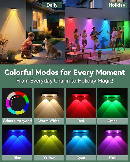 Fence Lights Solar Powered 2 Pack, Warm White & RGB & Color Changing Solar Fence Lights Outdoor, IP65 Waterproof Backyard Decoration for Patio, Deck, Pool, Step