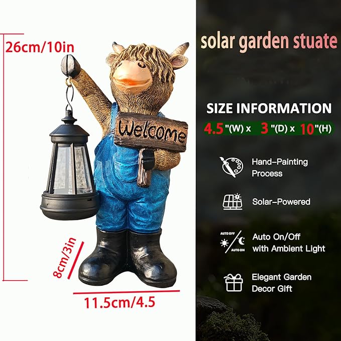 Solar Garden Statues -Highland Cow Lantern Outdoor Handmade Resin Statue with LED Light, and Welcome Holder for | Lumora