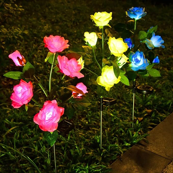 Aolyty Solar Garden Lights Outdoor, Solar Powered Stake Flower Light, IP65 Waterproof Solar Decorative Rose Flowers Lights for Patio Pathway Yard Lawn Decor (Blue, 6 Rose)