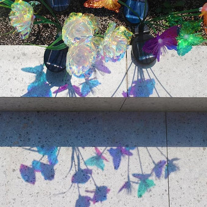 GUOCHENG Rose&Butterfly Solar Garden Lights, 7-Color Changing Outdoor Decorations Flower and Butterfly Lights, Garden Decor for Outside, Yard, Patio, Pathway, Galaxy Rose Butterfly Lights(4 Pack)