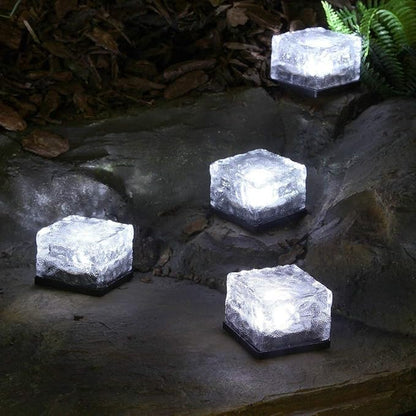 4 Pack Solar Path Ice Cube Lights Outdoor, Waterproof Glass LED Glass Clear Brick in-Groud Buried Festive Light Night Lamp for Garden Courtyard Pathway Patio Pool Pond Decoration(White)