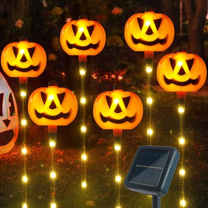 6 Pack Solar Pumpkin Garden Pathway Stake Lights Outdoor Halloween Decorations,8 Modes Solar Pumpkin Lights for Outside Waterproof Lighted Scary Jack o Lantern for Patio Yard Lawn Grave Decor