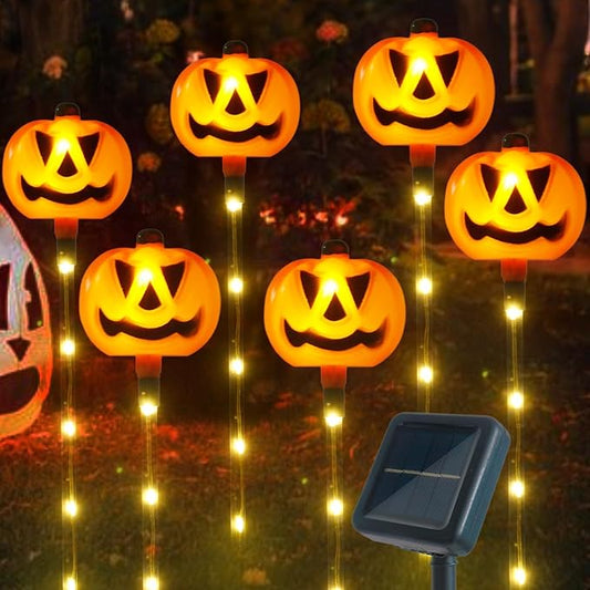 6 Pack Solar Pumpkin Garden Pathway Stake Lights Outdoor Halloween Decorations,8 Modes Solar Pumpkin Lights for Outside Waterproof Lighted Scary Jack o Lantern for Patio Yard Lawn Grave Decor