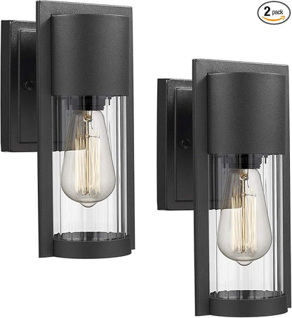 Outdoor Wall Lights, 2 Pack Black Exterior Lighting Fixtures Outdoor Waterproof Wall Mount Lantern with Glass, Modern Outside Wall Sconce for House Porch Garage Doorway, 2254/1W-2PK