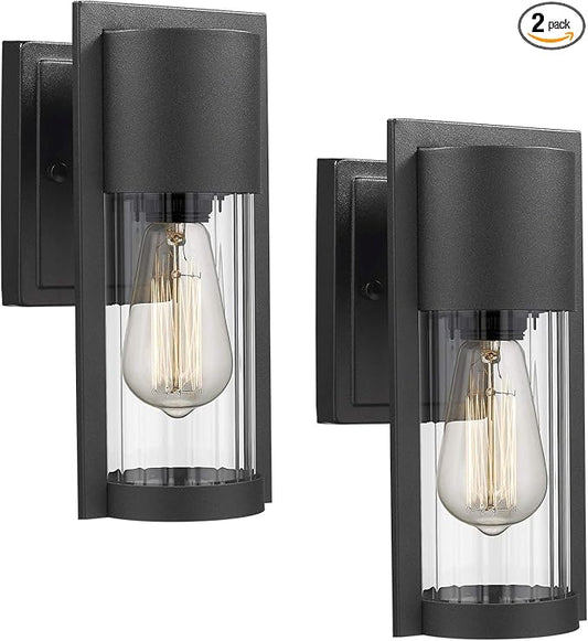 Outdoor Wall Lights, 2 Pack Black Exterior Lighting Fixtures Outdoor Waterproof Wall Mount Lantern with Glass, Modern Outside Wall Sconce for House Porch Garage Doorway, 2254/1W-2PK