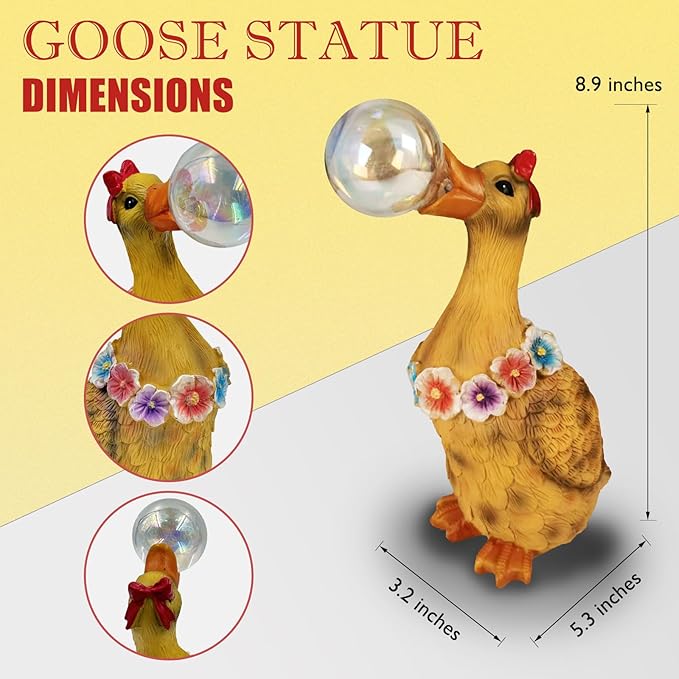 Porch Goose Statue with Solar Bubble Light Garden Yellow Figurine Decor for Yard Lawn Patio Outdoor Decorations Housewarming Gifts for Mom Grandma Women