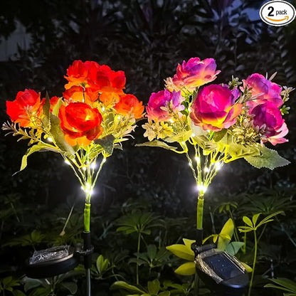 Solar Peony Flower Lights Outdoor, 2-Pack Orange & Purple 42-LED Solar Lights with Auto On/Off, Bendable Stems, Waterproof Decorative Garden Lights for Yard, Patio, Pathway, Cemetery Gravesite
