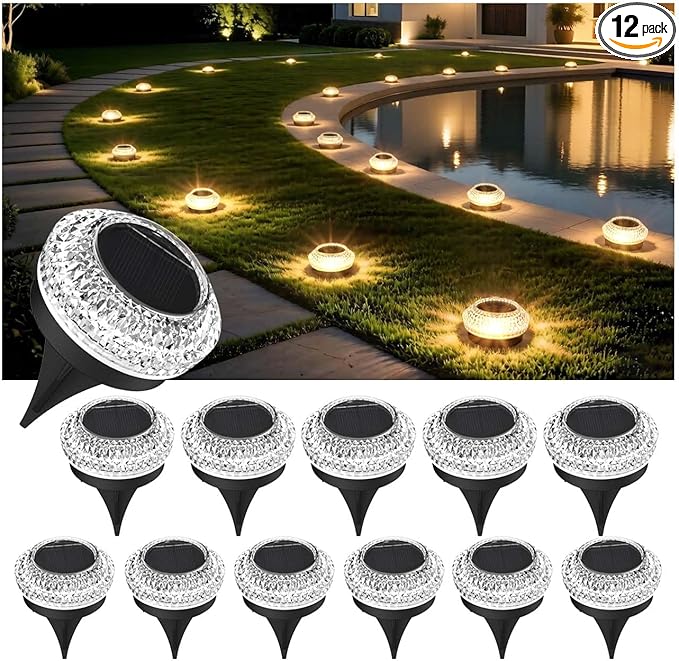 Solar Deck Lights Outdoor - IP67 Waterproof Dock Lights Solar Powered, 12PK Solar Driveway Lights Outdoor Step Lights for Sidewalk Garden Pathway Yard Stair(Warm White)