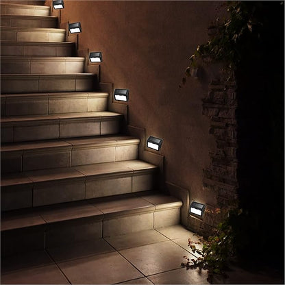 Solar Fence Lights Outdoor, Waterproof Deck Pathway Yard Lamp, Stainless Steel, 2 Pack, Black Metal case, White Light