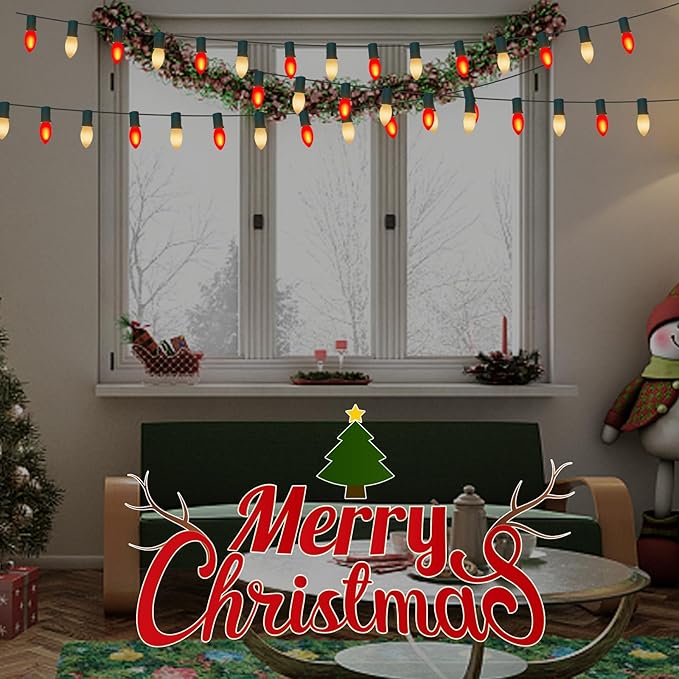 Abeja 25Ft C9 Multicolor Christmas Lights - Outdoor Vintage String Lights with 26 Red/White Ceramic LED Bulbs (1 Spare) for Holiday, Xmas, Roofline, Wedding - Green Wire