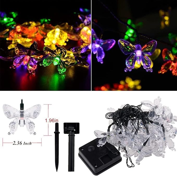 Solar String Lights, Waterproof 16ft 20LED Butterfly Christmas Fairy Lights Decorative Lighting for Home Party Wedding Patio Garden Porch Balcony (Multicolor)