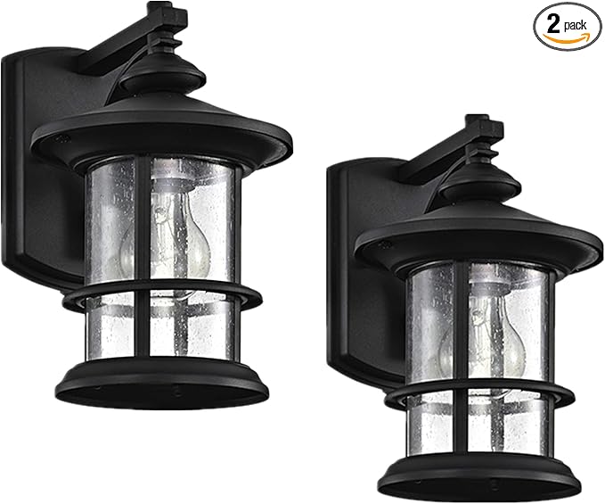 MICSIU Textured Black Outdoor Wall Sconce 2 Pack, 10" Exterior Light Fixtures with Clear Seedy Glass, Waterproof Anti-Rust Wall Mount Lantern for House, Front Porch, Garage, Patio, ETL Listed