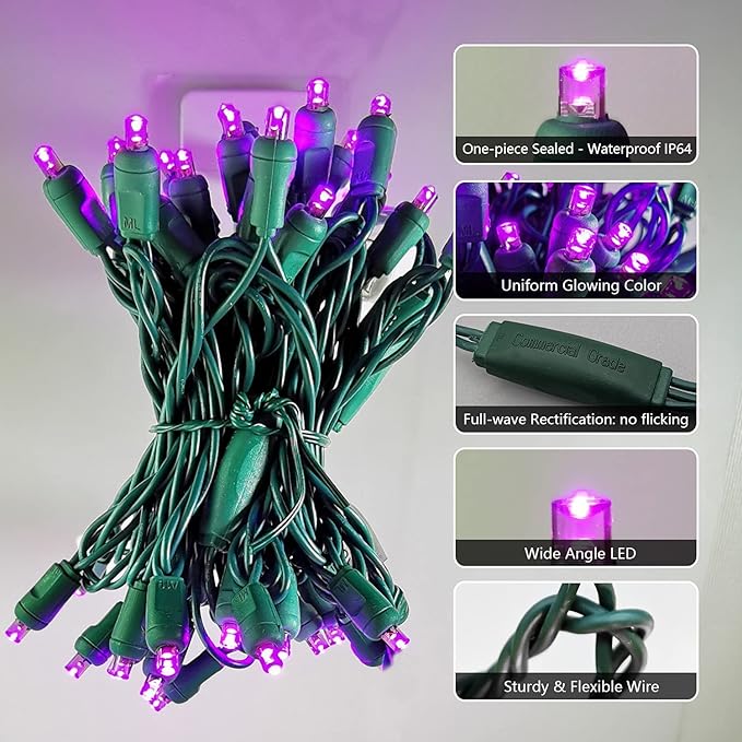 Purple Christmas String Light 50 LED Halloween Light, 120V UL, Plug in 5mm Xmas Light Set 17ft Green Wire Connectable for Outdoor and Indoor Patio Xmas Tree Wedding Party Decor