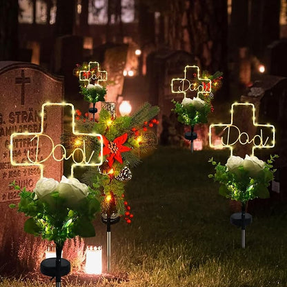 Lmtocs New Version Solar Cross Light for Cemetery Dad, 2 Modes with Rose Flower for Dad Grave Decorations, Waterproof Outdoor Light for Christmas Father Day Memorial Day Grave Decor