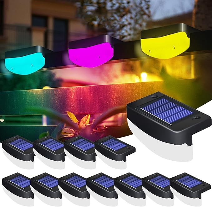 LED Solar Step Lights, 12 Pack Solar Deck Lights Outdoor IP65 Waterproof Pool Side Lighting Decor for Stairs Fence Yard Driveway Pathway Yard Backyard, RGB Color Changing