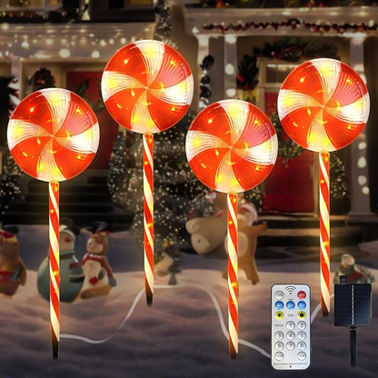Candy Christmas Decorations Pathway Outdoor Solar, 29 inches 80 LED Lighted Lollipop with 8 Modes Waterproof String, for Yard Patio Walkway-4PCS