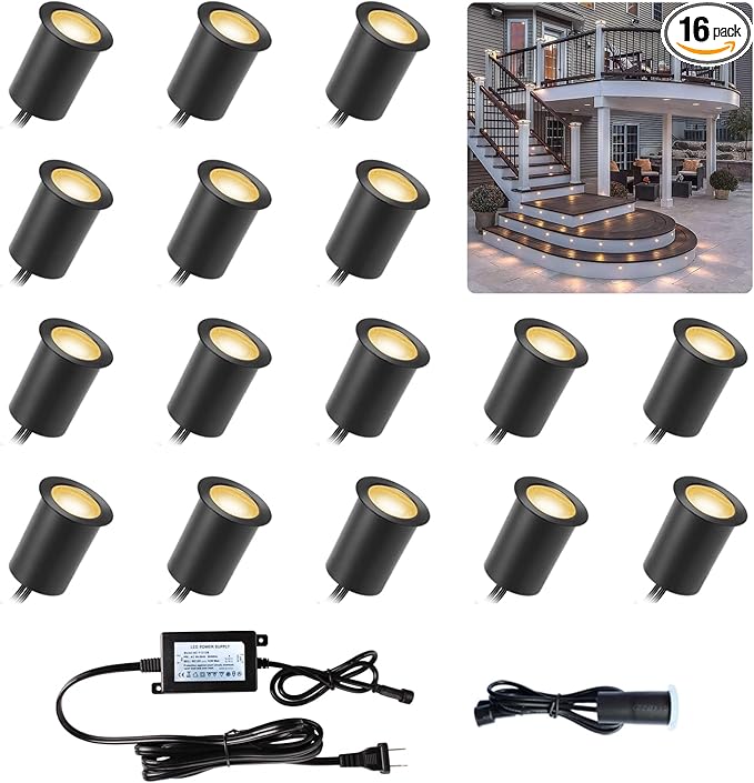 Deck Lights with Photocell and Protecting Shell, Warm White Φ1.18in Low Voltage 12V DC IP67 Waterproof, Electric Wired Round Recessed LED Outdoor Stair Step Landscape Lighting, 16 Pack Black