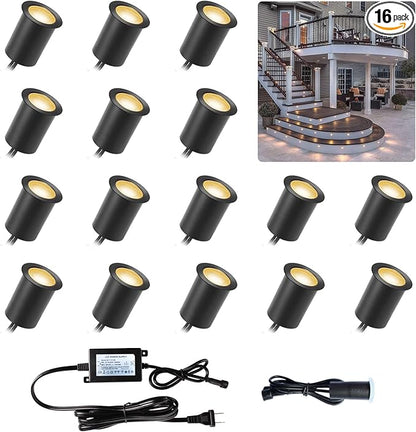 Deck Lights with Photocell and Protecting Shell, Warm White Φ1.18in Low Voltage 12V DC IP67 Waterproof, Electric Wired Round Recessed LED Outdoor Stair Step Landscape Lighting, 16 Pack Black