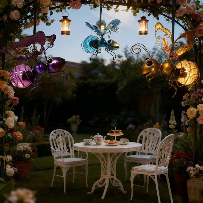 3 Pcs Waterproof Solar Hanging Bee Lights, Metal Bumblebee Figurine LED, Outdoor Garden Balcony Porch Spring Holiday Party Decoration