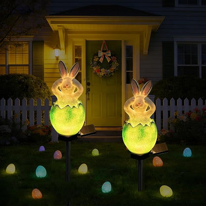 Solar Easter Egg Bunny Lights Outdoor, Waterproof Easter Solar Lights Rabbit Bunny Garden Statue Easters Yard Egg Decorations Outdoor for Outside Cemetery Grave (Green Don't See)