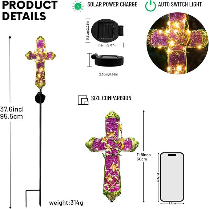 Solar Cross Stake for Cemetery Grave, Memorial Grave Decoration with Flowers and LED Light, Outdoor Solar Cross for Lawn Garden Pathway Decor (Fuchsia)