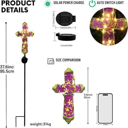 Solar Cross Stake for Cemetery Grave, Memorial Grave Decoration with Flowers and LED Light, Outdoor Solar Cross for Lawn Garden Pathway Decor (Fuchsia)
