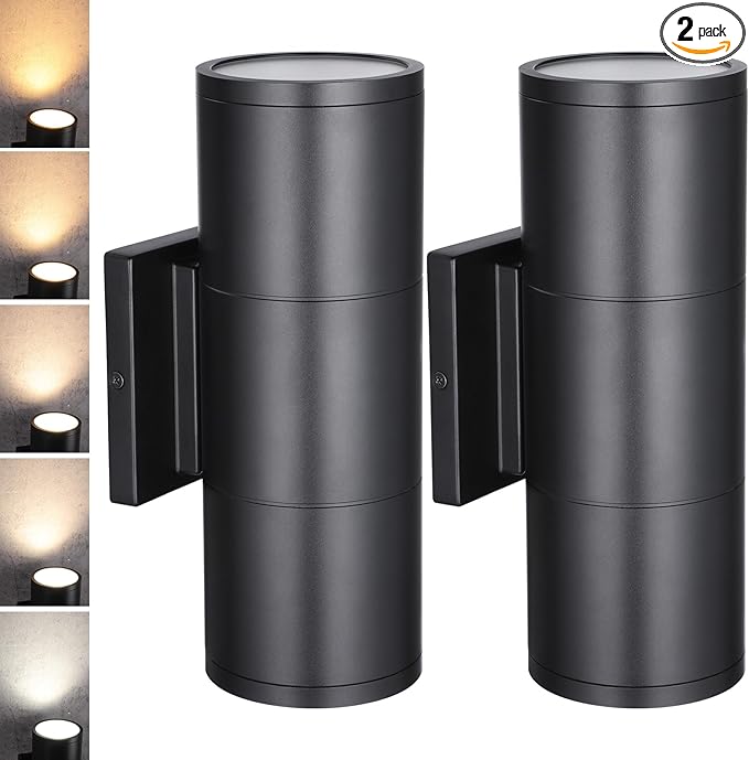 LEONLITE 12 Inch 5CCT LED Cylinder Up Down Wall Light Outdoor, 120-277V Dimmable Aluminum Waterproof High-end Wall Sconce in 2 Lights, ETL Exterior Front Door Porch Light, Pack of 2