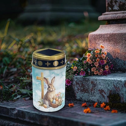 Cute Rabbit Solar Light Outdoor Waterproof Easter Solar Lights Outdoor Solar Cross for Cemetery Grave Flameless Solar Powered Light for Prayer Solar Lights for Outside Yard Walkway