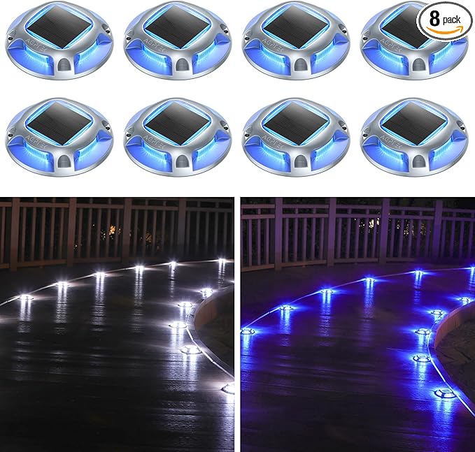 AGPTEK Solar Driveway Lights Outdoor 8 Pack, 2 Color Modes LED Deck Dock Marine Waterproof Security Marker Lights | Lumora