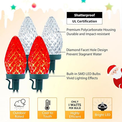 Brightown C9 LED Christmas String Lights, 2 Pack Total 132ft 200LED Outdoor Lights String, Plug-in Connectable Waterproof Roofline Lights String for Outside Yard Christmas Holiday Decor, Red and White