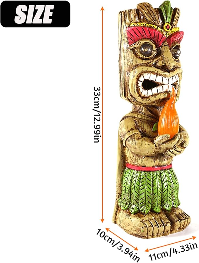 13" Tall Solar Torch Tiki Garden Statue, Resin Large Tiki Decor Figurine with Solar Lights, Hawaiian Tiki Man | Lumora