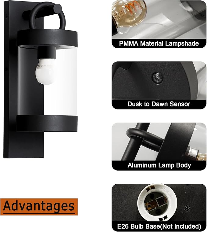 Outdoor Dusk to Dawn Wall Lights Modern Exterior Wall Mount Lantern Fixture Aluminum E26 Lamps Waterproof Porch | Lumora