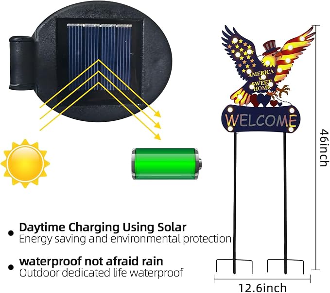 Solar Garden Lights Outdoor Patriotic Decor Eagle Garden Stakes with 17 String Light Bulbs and Welcome Sign for Yard, Fourth of July Decorations for Memorial Day Solar Landscape Lights 46"