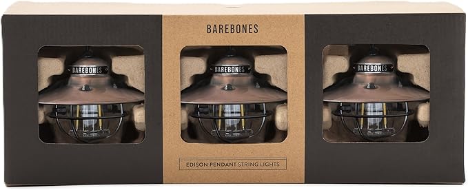 Barebones Edison Pendant String Lights - Copper, 3 Edison-Style LED Bulbs with 10-Foot Cord, Energy-Efficient Outdoor Lanterns for Patio, Garden, or Indoor Decor