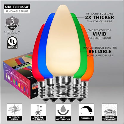 Wintergreen Lighting 50 C9 OptiCore LED Commercial Outdoor Christmas Lights – Heavy Duty Christmas String Lights; Green Wire (50 ft, Multicolor Smooth/Opaque)