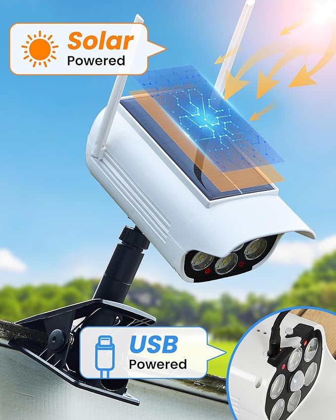 Clip On Solar Fake Security Cameras with Light, Motion Sensor Outdoor Lights, IP66 Waterproof Dummy Surveillance Camera for Gutter Fence Garages Warehouses (Clamp 1)