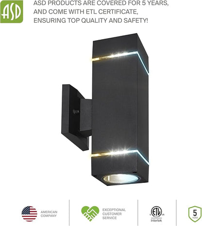 ASD 2 Light Square LED Indoor & Outdoor Wall Light Fixture | 18W 1180LM 3000K-5000K 100-277V Cylinder Up Down Lights | Dimmable Front Door, Porch, Patio Exterior Wall Sconce | Ringed Black, ETL 2 Pack