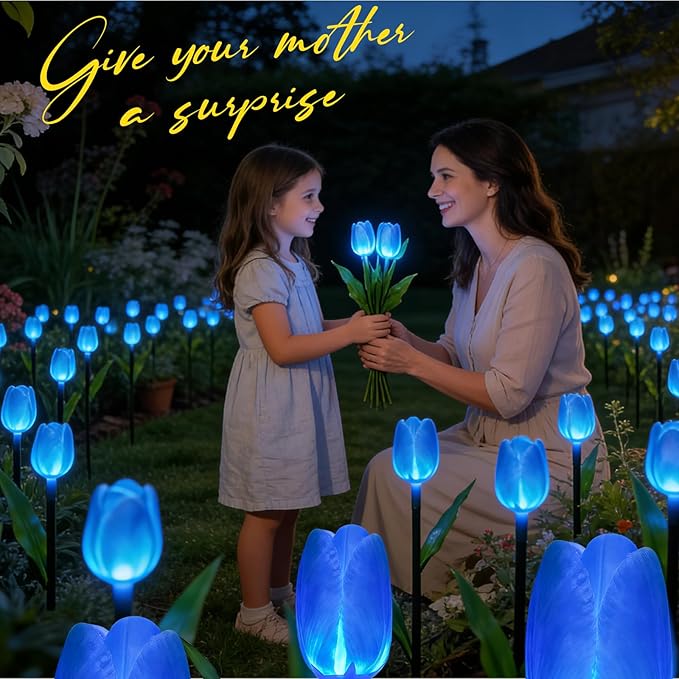6PACKS Garden Gifts for Mother Day Decorations - Cute Artificial Tulip Blue Flower with Outdoor Path Lights Waterproof,Auto-On/Off,Bright Flower Solar Stake Light for Yard,Porch,Spring Decor