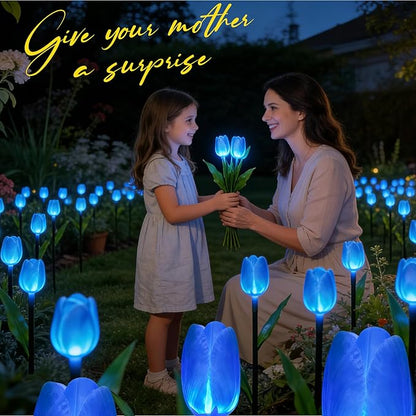 6PACKS Garden Gifts for Mother Day Decorations - Cute Artificial Tulip Blue Flower with Outdoor Path Lights Waterproof,Auto-On/Off,Bright Flower Solar Stake Light for Yard,Porch,Spring Decor