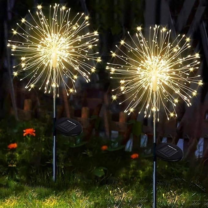 XIHAMA Solar Garden Lights 2 Pack Firework Lights Outdoor Waterproof, 200 LEDs with 8 Lighting Modes for Yard Pathway Patio Party Wedding Decorative (Warm White)
