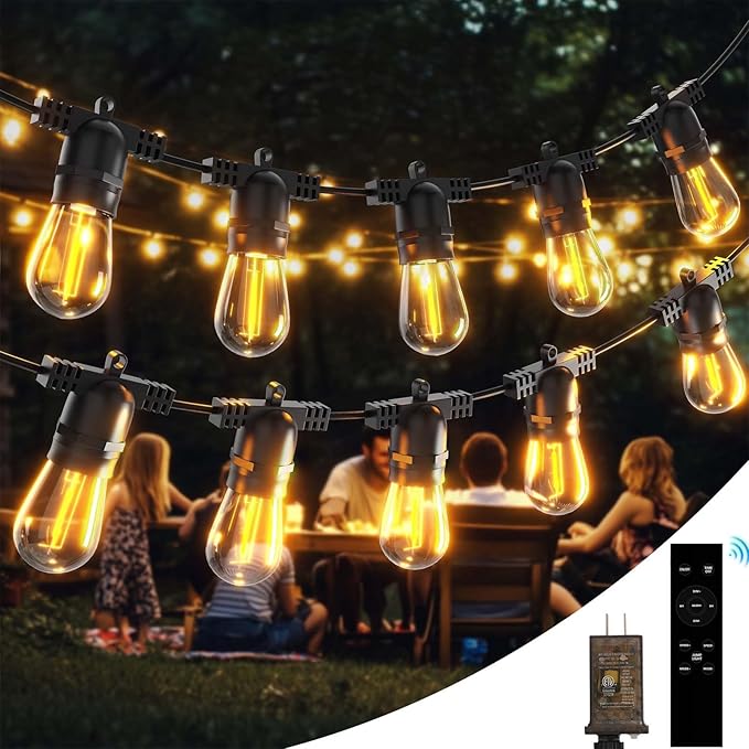 Outdoor String LED Patio Lights - 60Ft 18M Outside Waterproof Light with Remote Dimmable S14 Shatterproof Bulb Connectable Hanging Outdoor Electric Lighting for Backyard Yard Gazebo Porch Party