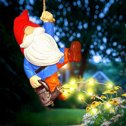 Hanging Gnomes Watering Can Lights Garden Decor, Fairy Figurines Outdoor Solar Lantern, Wall Art for PatioYard Porch, Christmas Gardening Housewarming Gifts for Mom Women
