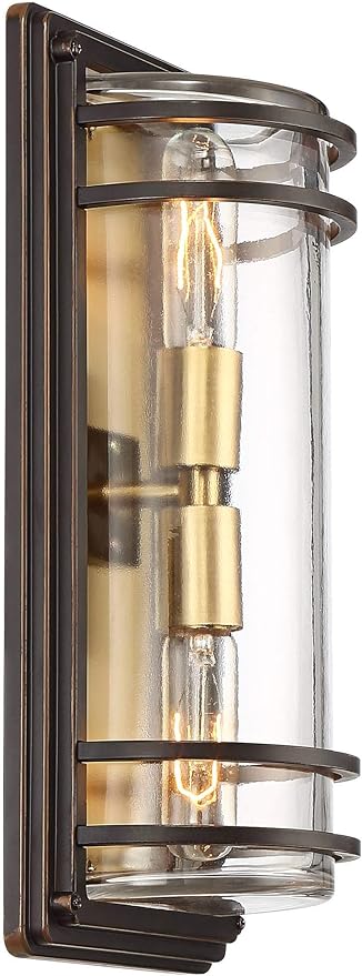 John Timberland Habitat Modern Industrial Outdoor Wall Light Fixture Bronze Warm Brass Steel 16" Clear Glass for Exterior House Porch Patio Outside Deck Garage Yard Front Door Garden Home