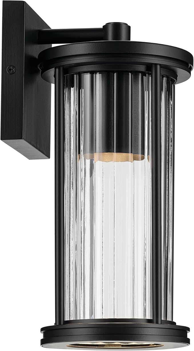 Kichler Barras 11.5" 1-Light Outdoor DarkSky Approved Wall Sconce with Clear Ribbed Glass in Black, Vertical Mount | Lumora